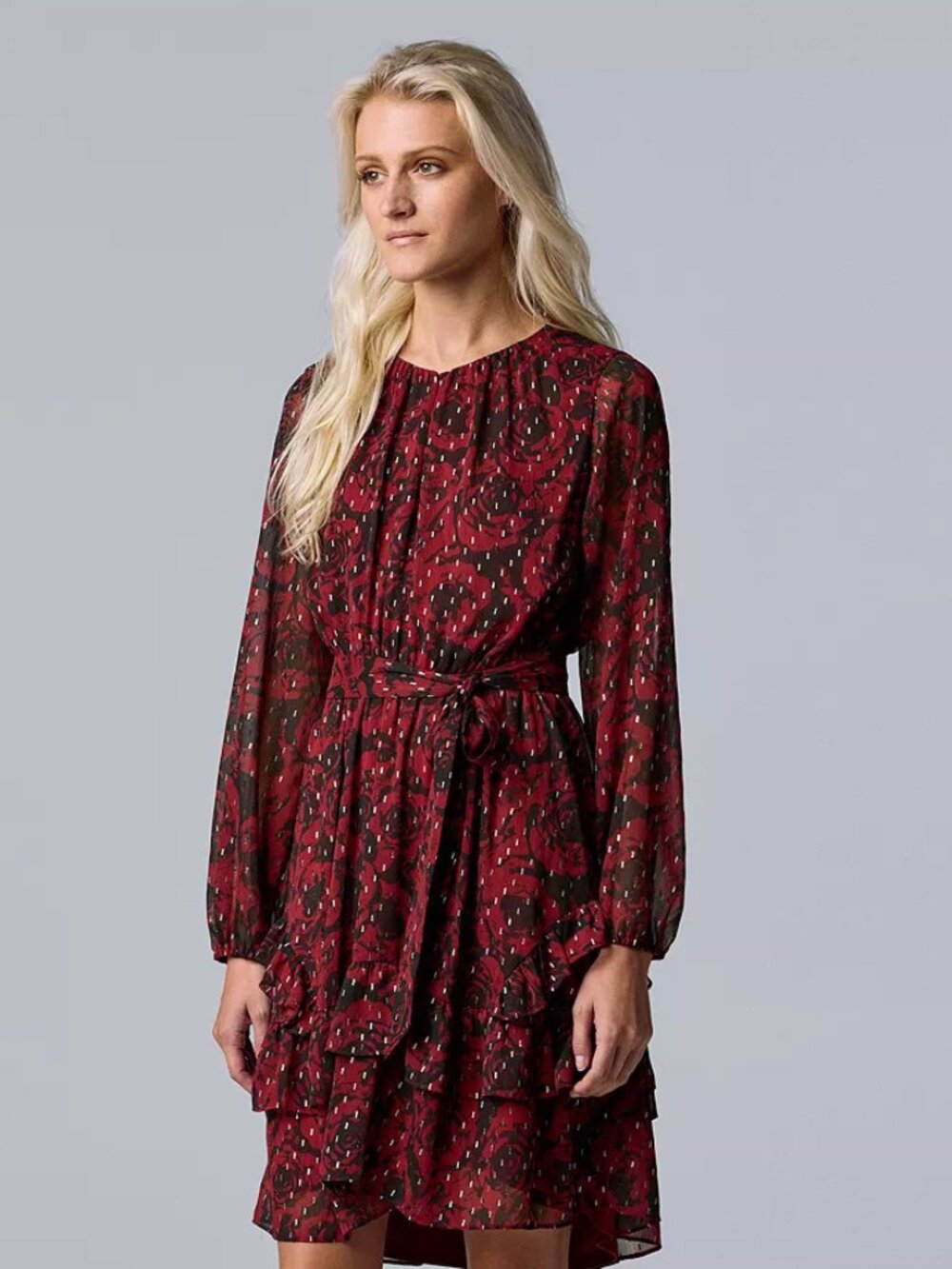 Simply Vera Wang Size S Women's Red Motif Dress with Cinch and Tie Waist Ruffle